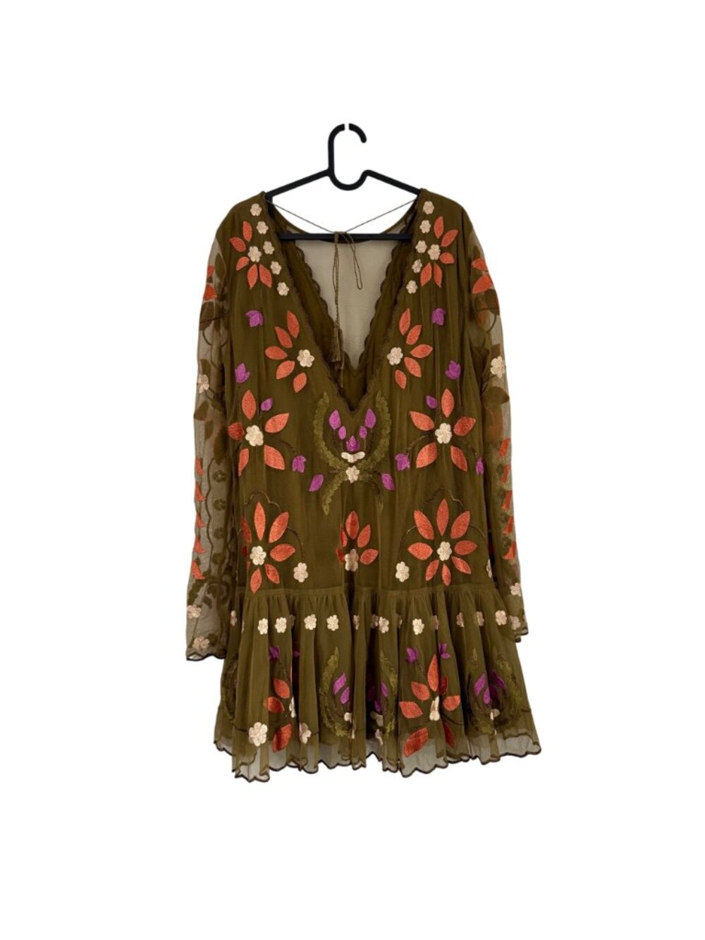 Free People Olive Hearts Are Wild Floral Embroidered Mini Dress Womens Large - Picture 7 of 8